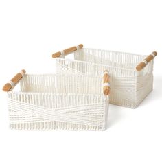 PRICES MAY VARY. 100% RECYCLABLE MATERIAL - Made from recycled paper ropes， wood handles, and built-in iron frames, these storage baskets are designed with a sustainable purpose and are also sturdy to use. MINIMALIST STYLE - Each basket is in a succinct finish of intersecting lines for a touch of whimsy. Meanwhile, the built-in wire construction ensures the stability of the set. The neutral color makes these baskets for organizing matches with any interior style. HANDWOVEN BASKET - Handmade by s Books Shelves, White Storage Baskets, Wicker Storage Baskets, Intersecting Lines, Baskets For Shelves, Makeup Books, Wicker Storage, Room White, Rope Weave