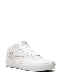 Find VANS Half Cab Daz Sneakers on Editorialist. white leather patch detail round toe front lace-up fastening logo patch at the tongue branded insole rubber sole These styles are supplied by a premium sneaker marketplace. Stocking only the most sought-after footwear, they source and curate some of the most hard to find sneakers from around the world. White Medium Fit Lace-up Sneakers, White High-top Sneakers With Textured Sole For Streetwear, Vans Leather Sneakers With Branded Insole, White Leather Sneakers With Laces, White Leather High-top Sneakers With Boost Midsole, White Leather Sneakers For Streetwear, Urban Leather Lace-up Skate Shoes, Vans Leather Sneakers With Contrast Sole, Vans Mid-top Sneakers With Contrast Sole