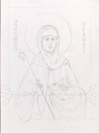 a drawing of the virgin mary holding a bowl and spoon in her hands with other items around her