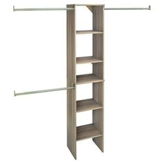 a tall wooden shelf with three shelves on one side and two hanging bars on the other