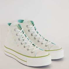 Converse Chuck Taylor All Star Hi High Top Lift Self-Care Club Egret Off White Cream / Vitality Green / Aqua Soul Women's Platform Sneakers / Boots A08218f Nwt Brand: Converse Model: Chuck Taylor All Star Lift Hi Style Code: A08218f Color: Egret / Vitality Green / Aqua Soul Gender: Women's Size Guide: Us Women's 6.5 / Uk 4.5 / Eur 37 / Cm 23.5 Crafted With Love. Wear Your Heart On Your Chucks. These High Top Platforms Combine The Unmistakable Chuck Taylor Features You Know And Love With Lovingly White High-top Sneakers With Studded Outsoles, Green Converse High-top Sneakers For Spring, White Converse High-top Sneakers With Perforated Toe Box, Converse High-top White Sneakers With Perforated Toe Box, Spring Green Converse High-top Sneakers, Casual Converse Sneakers With Perforations, Spring Green Converse Sneakers, White Sneakers With Speckled Midsole For Spring, Converse Sneakers With White Laces For Spring