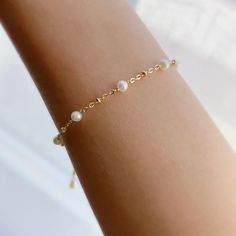 "* DETAILS * * Gold filled bracelet (adjustable from 7\" to 8\") - Freshwater round pearls 4mm - 14k GOLD FILLED Chain - 14K GOLD FILLED Wire - 14k Gold Filled Spring Ring Clasp 5mm - Gold Filled Link Rings & Head Pin ✨All components are gold filled. 👉🏻 You may also like the pearl beaded necklace. Here is the link. https://www.etsy.com/JinnysJewelryBySeJin/listing/901443911/14k-gold-filled-freshwater-pearls-beaded?utm_source=Copy&utm_medium=ListingManager&utm_campaign=Share&utm Sideways Initial Necklace, Droplet Earrings, Pearl Beaded Necklace, Pearl Bracelets, Moodboard Aesthetic, Baby Pearls, June Birthday, Bracelet Wedding, Freshwater Pearl Bracelet