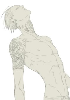 a drawing of a man with tattoos on his back