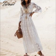 Tavimart White Lace Dress Women Elegant Hollow Patchwork Dress Summer Casual Short Sleeve Party Dress Female V-Neck SemiSheer Tunic Dress Model Show White Bohemian V-neck Dress, White V-neck Maxi Dress With Lace Trim, White Lace Patchwork Maxi Dress For Spring, White V-neck Dress With Lace Trim, White Long Sleeve Maxi Dress For Vacation, White Lace Patchwork Beach Dress, V-neck Maxi Dress With Lace Patchwork For Beach, V-neck Lace Patchwork Maxi Dress For Beach, White Bohemian Maxi Dress With Lace Patchwork