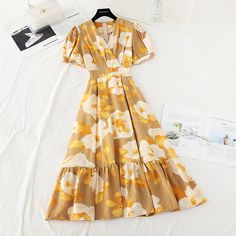 Pattern: Broken Flowers Size: s, m, l Color: green, yellow, pink purple Slim Waist, Green Yellow, Long Skirt, Pink Purple, Bubbles, Long Sleeve Dress, V Neck, Skirt, Purple