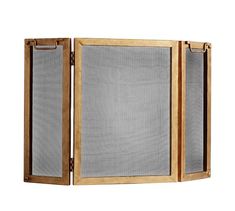 an open fire screen with two doors on one side and the other half opened to show it