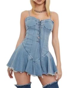 Style: Sexy Fit: Slim Fabric: Denim Pattern: Solid Element: Lace up Neckline: Spaghetti Strap Sleeve Type: Others Sleeve Length: Sleeveless Product Type: A Line Dress,Cami Dress Occasion: Daily Dress/Skirt Length: Short Main Composition: Cotton Season: Summer Denim Corset Dress, Denim Bustier, Marine Uniform, Streetwear Mode, Denim Corset, Black Dolls, Summer Lace, Denim Patterns, Lace Slip Dress