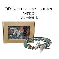 a bracelet with a horse head on it and the words diy gemstone leather wrap bracelet kit