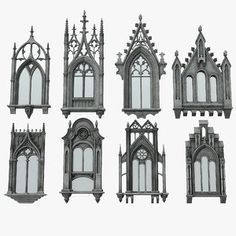 an assortment of gothic windows on a white background