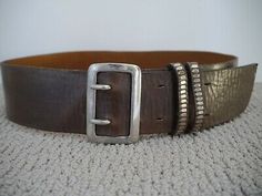 (eBay) CALLEEN CORDERO brown distressed leather nickel stud detail wide belt size 34 Vintage Leather Belt Buckles With Rivets, Vintage Brown Belts With Rivets, Vintage Brown Belt With Rivets, Womens Belt, Wide Leather Belt, Silver Belts, Wide Belt, Distressed Leather, Leather Goods