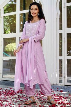 For any festive occasions, dress up in this classy lialic kurta set by Pheeta, which includes a tie-dye chiffon dupatta, a pair of pants, and a cotton lurex kurta with a round neck and an embossed yoke. Product Features: Color: Light Purple Material: Cotton Pattern: Stripes Work: Embroidered Fitting: Comfortable Apparel Closure Type: Slip On Neckline type: Round Neck Sleeves Length: 3/4th waist size: Mid Waist Leg Style: Tapered Pack Contain: Kurta, Bottom and Dupatta Occasion: Party Wash Care: Straight Salwar, Pant Suit Set, Embroidered Pants, Chiffon Dupatta, Pant Suit, Salwar Suit, Pleated Pants, Kurta Set, Suit Set