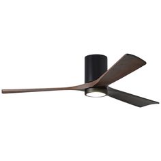 a black ceiling fan with wooden blades and a light on the top, against a white background