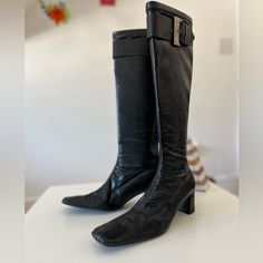 Beautiful Paco Herrero Boots Made In Spain. These Are Absolutely Phenomenal. They Have Such Character And Style, And A Unique Toe Shape That I Have Rarely Seen But Is So Elegant. Size 38 (7.5 Us Size Approx) With A 13” Upper (From Top Of Boot To Ankle). 2” Chunky Heel. Seamed Straight Down The Middle Of The Shoe From Top To Toe, With A Graceful Square Toe Shape. A Substantial But Not Chunky Buckle Graces The Top Of The Calf. Gorgeous And Unique, These Were Worn 4x Total. They’ve Been Stored With Spanish Shoes, Black Leather Boots, Chunky Heel, Shoes Heels Boots, Chunky Heels, Shoes Women Heels, Leather Boots, Knee High, Heeled Boots