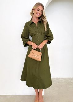 Kourt Midi Dress - Khaki Chic Fall Maxi Dress With Button Closure, Elegant Midi Length Solid Color Shirt Dress, Fall Midi Dress With Button Closure For Date Night, Fall Office Button-up Dress, Fall Date Night Midi Dress With Button Closure, Solid Color Midi Dress For Office In Fall, Fall Office Midi Dress In Solid Color, Fall Midi Dress Solid Color For Office, Chic Collared Midi Dress For Brunch