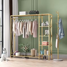 PRICES MAY VARY. Large wardrobe rack: Are you ready to find a nice new home for your clothes family? Yes, you do, cuz we confident you will love this gold clothing rack. This rack of clothes with 4 layers for organizing your bags, toys.the metal rail for hanging your beloved clothes and the bottom shelf is perfect for your shoes, bins. You also can put some decor on the upper shelf. The metal clothes rack is good home for your clothing family living. Sweet on details: All clothes rack of TIEOU i Gold Clothing Rack, Clothing Rack With Shelves, Clothing Display Rack, Industrial Clothing Rack, Standing Clothes Rack, Industrial Clothing, Rolling Clothes Rack, Metal Coat Hangers, Hall Tree With Storage