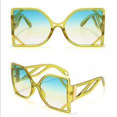 Color: Lime Green With Blue Ombr Lens. Measurements: Approximately 2.5 Inches Wide And 6inches In Length. Summer Beach Sunglasses With Glass Material, Yellow Sunglasses For Summer Vacation, Summer Beach Sunglasses With Glass Lenses, Green Sunglasses For Spring Beach Outings, Yellow Summer Sunglasses For Vacation, Summer Beach Sunglasses, Blue Glass Sunglasses For Summer, Summer Blue Glass Sunglasses, Green Sunglasses For Beach