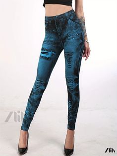 Zlily - Womens High Waist Denim Print Leggings - Comfortable and Stylish Skinny Casual Leggings Denim Print, Casual Leggings, High Waist Denim, High Waist Leggings, Leggings Casual, Print Leggings, Clean Style, High Waisted Denim, High Waisted Leggings