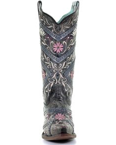 Full-grain leather. 12" shaft. Snip toe. Leather lining. Leather outsole. Floral embroidery. Rhinestone embellishments. Corral Cowgirl Boots, Classy Boots, Corral Boots Womens, Cute Cowgirl Boots, Womens Cowgirl Boots, Cute Cowgirl, Handcrafted Boots, Corral Boots, Denim Boots