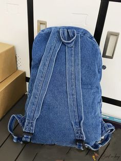 BirdinBag - Denim Letter Patch Decor Classic Backpack - Medium Size Travel Denim Bag With Adjustable Strap, Denim Travel Bag With Adjustable Strap, Denim Blue Travel Backpack, Denim Blue Backpack For Daily Use, Denim Blue Standard Backpack For Travel, Casual Rectangular Denim Bags, Denim Travel Bag Rectangular, Rectangular Denim Travel Bag, Denim Travel Bag In Rectangular Shape