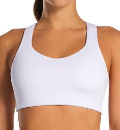 Whether you're out for a run or cross training, this sports bra supports you and keeps you comfortable. High impact support supplies a locked-in feel for maximum intensity workouts. Wireless contour/t-shirt cup has light padding with a smooth interior and airflow channels that help keep you cool. Cups are sewn into breathable mesh for cooling ventilation with encapsulating bounce control. Tall elastic underband is sewn onto inner bra and gives more support and stability. Tall sides are microfibe Micro-elastic Racerback Activewear With Light Support, Supportive Nylon Sports Bra With Built-in Padding, White Sports Bra With Built-in Padding, Supportive Sports Bra With Built-in Padding For Light Sports, White Compression Sports Bra For Light Sports, White Compression Sports Bra, Functional Sports Bra With Built-in Padding For Running, White Compression Sports Bra For Sports, White Sports Bra With Built-in Padding For Workout