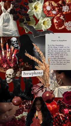 a collage of photos with flowers, candles and pictures on them that say persephone