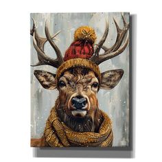 a painting of a deer wearing a hat and scarf with antlers on it's head