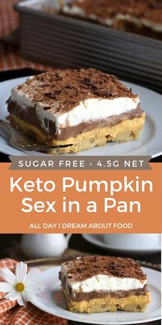 Sex in a Pan is a layered dessert that’s so rich and creamy, you’ll be in love after the first bite. Chocolate Pumpkin Sex in a Pan is a gluten-free, low carb pumpkin recipe to end all pumpkin recipes! An almond flour crust holds layers of pumpkin cheesecake filling, creamy chocolate pudding, and sugar-free whipped topping with shaved chocolate on top. Low Carb Pumpkin Recipes, Layered Dessert, Keto Baking, Keto Holiday, Low Carb Low Fat Recipes, Pumpkin Recipe, Chocolate Pumpkin