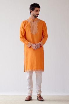 Shop for Devnaagri Orange Chanderi Dori Embrioidered Kurta Set for Men Online at Aza Fashions Mahima Mahajan, White Churidar, Cotton Churidar, Dori Embroidery, Dori Work, Kurta Patterns, Kurta Set For Men, Blouse Measurement, Lehenga Blouse