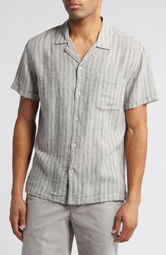 Made from a lightweight linen blend ideal for warm days, this striped camp shirt offers laid-back style with cuffed short sleeves and a chest pocket. 28 1/2" length Front button closure Notched collar Short sleeves Chest patch pocket 54% linen, 46% Lenzing™ EcoVero™ viscose Lenzing EcoVero viscose is a sustainably produced fiber using pulp made from renewable wood sources and certified with the EU Ecolabel for high environmental standards, including lower emissions and water usage than generic v Casual Short Sleeve Shirt With Vertical Stripes, Beach Tops With Vertical Stripes And Relaxed Fit, Striped Linen Short Sleeve Top, Summer Striped Button-up Camp Shirt, Relaxed Fit Vertical Stripes Top For Vacation, Vertical Stripes Tops With Relaxed Fit For Vacation, Striped Camp Collar Shirt For Beach, Summer Collared Shirt With Vertical Stripes, Casual Striped Camp Shirt For Spring