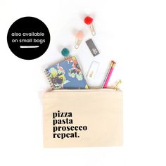 "► The Italy Food Lovers Market Tote Bag ◀︎ The most 3 perfect P's in our opinion! Pizza, Pasta + Prosecco. We adore this natural cotton tote bag. It's large + sturdy and perfect for running errands or heading to the farmers market. (psst: This bag is the PERFECT gift for your gal pal, fellow Italian food lover, or yourself) ►Product Details◀︎ ✔ 100% Cotton Canvas ✔ Heavy-Duty Woven Handles ✔ Size: 14.75″W x 14.75″H ✔ 22″ Handles; 3.5\" Gusset ✔ Printing Method: Laser Ink Transfer ✔ Care: Spot C Trendy Zipper Pouch Bag For Back To School, Trendy Back-to-school Zipper Pouch Bag, Rectangular Zipper Pouch Bag For Back To School, Trendy Bags For Back To School Gifts, Back To School White Bag With Zipper Pouch, Rectangular Pouch For Back To School Gift, Everyday Back To School Bag With Zipper Pouch, Back To School Everyday Bag With Zipper Pouch, Everyday Back To School Zipper Pouch Bag