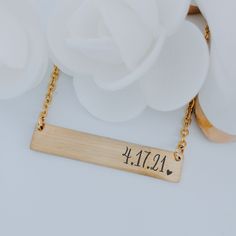 "Personalized Date Necklace Personalized Necklace Wedding Date Birthdate Date Engagement Date First Kiss Date Personalized Necklace for Her The perfect necklace to show off your wedding date, birthday or any special date It has a personalized date with a heart on it. So EASY to Order!! -Select your options from dropdown -Enter your personalization -Add to Cart Made of HIGH quality hypoallergenic stainless steel, it will not tarnish; turn skin green or rust. Engraved so it will look the same as t Customizable Gold Name Necklace For Wedding, Custom Text Jewelry For Anniversary, Customizable Name Necklace For Wedding And Mother's Day, Custom Text Jewelry For Anniversary On Valentine's Day, Custom Text Jewelry For Valentine's Day Anniversary, Personalized Gold Name Necklace For Wedding, Engraved Name Necklace For Anniversary And Father's Day, Personalized Name Necklace For Wedding Gift, Engraved Name Necklace For Anniversary On Father's Day