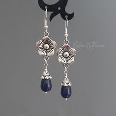 "Lapis Lazuli Earrings Long Dangle flower Dark blue stone earrings lapis dangles handmade jewelry gift tibetan silver 925 sterling silver Length approx. 62mm (2 3/8\")  Width approx. 15mm (5/8\") Accepted payments:  1)-PayPal,  2)-Credit/Debit Card through PayPal   HOW TO PAY WITH CREDIT CARD THROUGH PAYPAL:  1)Click \"Check out with PayPal\" ( even if you don't have PayPal account).  2)Choose \"Pay with Credit/Debit Card. You can do it in guest mode without owning/creating a PayPal account. If Bohemian Lapis Lazuli Earrings, Handmade Blue Sterling Silver Flower Earrings, Nickel-free Blue Sterling Silver Flower Earrings, Blue Sterling Silver Flower Earrings Nickel Free, Bohemian Sterling Silver Dangle Flower Earrings, Handmade Sterling Silver Dangle Flower Earrings, Elegant Silver Dangle Jewelry, Teardrop Lapis Lazuli Jewelry With Matching Earrings, Bohemian Sapphire Jewelry In Sterling Silver