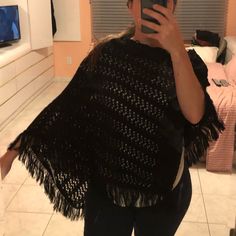 Black Poncho With Fringe - Nwt, Never Worn! Black Fringe Poncho Shawl, Black Bohemian Poncho One Size, Black Shawl Poncho One Size, Oversized Black Casual Poncho, Casual Oversized Black Poncho, One Size Black Cape For Winter, Casual Black Poncho For Winter, Casual Black Winter Poncho, Bohemian Black Poncho For Fall