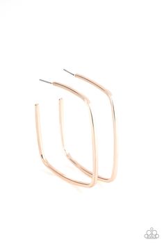 "Brazen Beauty" Rose Gold Hoop Earrings: A glistening rose gold bar delicately bends into an edgy square-like hoop for a trendy look. Earring attaches to a standard post fitting. Hoop measures approximately 2 1/4" in diameter. Sold as one pair of earrings. Paparazzi Consultant, Rose Gold Square, Rose Gold Bar, Rose Gold Hoop Earrings, 5 Dollar, Paparazzi Accessories, Paparazzi Jewelry, Gold Bar, Gold Hoops