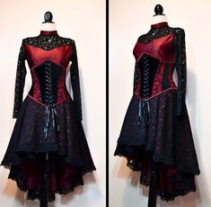 Black and red gothic dress with matching steelboned corset. Fabrics I used for the dress are satin and lace. Zip on the back. Corset is made of strong velvet decorated with lace, 28 steel bones, back and front lacing. This design can be made in any other color. Red And Black Gothic Wedding Dress, Red Gothic Dress, Lace Gothic Dress, Beanie Outfits, Black Wedding Dress Gothic, Red Gothic, Tight Black Dress, Dark Red Dresses, Character Clothing