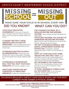 the missing school out flyer is shown in red and yellow, with information about what to do