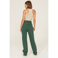 Green denim (100% Cotton). Jeans. Front zipper fly with button closure. 32" inseam. 11" rise. Imported. Green High Rise Cotton Jeans, Green Utility Denim Jeans, Casual Cotton Cargo Jeans With Button Closure, Green Denim Cargo Jeans, High Rise Green Cotton Jeans, Fall Utility Jeans With Button Closure, Casual High-rise Flare Jeans With Zipper, Trendy Cotton Cargo Jeans With Button Closure, High Rise Relaxed Fit Jeans With Zipper Closure