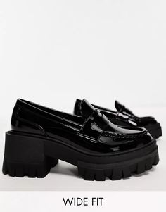 ASOS DESIGN Wide Fit Script chunky mid heel loafers in black patent | ASOS Trendy Chunky Platform Loafers With Block Heel, Block Heel Patent Leather Platform Loafers For Work, Patent Leather Platform Loafers With Block Heel For Work, Modern Black Platform Loafers With Chunky Sole, Modern Black Platform Loafers With Chunky Platform, Workwear Patent Leather Platform Loafers With Block Heel, Office Patent Leather Platform Loafers, Trendy Platform Loafers With Block Heel, Trendy Block Heel Platform Loafers For Office