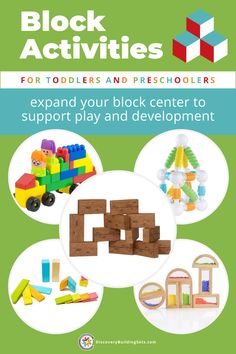 the cover of block activities for toddlers and pre - schoolers, with pictures of toys