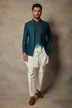 Shop for Gargee Designers Blue Cotton Silk Embroidered Bandhgala And Kurta Set for Men Online at Aza Fashions