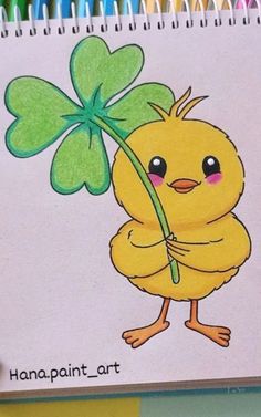 a drawing of a little chick holding a clover