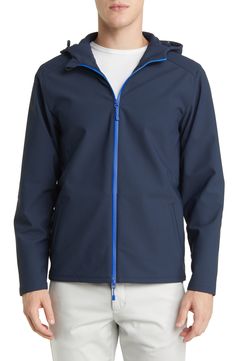 Lightweight and water-resistant, this jacket made of a stretchy nylon blend sports a soft hood and a fit that layers easily into your cool-weather wardrobe. Drawcord-toggle hood Water-resistant 78% nylon, 22% spandex Machine wash, dry flat Imported Navy Hooded Athleisure Outerwear, Blue Athleisure Outerwear With Adjustable Hood, Sporty Weatherproof Track Jacket, Blue Windproof Athleisure Outerwear, Blue Fitted Sporty Windbreaker, Sporty Outerwear With Detachable Hood And Stretch, Sporty Stretch Outerwear With Detachable Hood, Sporty Blue Outerwear With Detachable Hood, Sporty Blue Weatherproof Outerwear