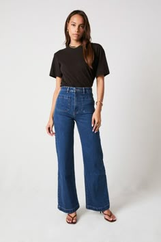 Buy Sailor Jean Long - Eco Ruby Blue Online | Rollas Jeans Womens Bell Bottom Jeans, Tomboy Mom Style, Rollas Sailor Jean, Jean Trousers For Ladies, Mid Rise Wide Leg Jeans, 2024 Jeans Trends For Women, Super High Waisted Jeans Outfit, High Waisted Wide Leg Jeans Outfit Casual, Jean Styles 2024