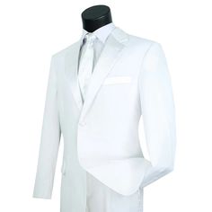 Sometimes You Gotta Ball On A Budget, We Get It. So This Tuxedo Is Here For You, It's Cheaper Than A Rental And Still Looks The Part. It's 100% Light Weight Polyester, 2 Button Closure, Satin Notch Lapel, With Single Pleated Pants. Fitted White Single Breasted Tuxedo, Fitted White Single-button Suits, White Slim Fit Single Button Blazer, White Single Button Slim Fit Blazer, White Fitted Single Breasted Suit, Fitted White Tuxedo For Business, White Fitted Suits With Hidden Button Closure, White Slim Fit Business Suits, Tailored White Suits With Hidden Button Closure