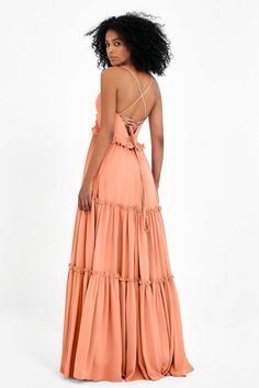 Evening Dress With Tie Back And Ruffled Straps, Bridesmaid Maxi Dress With Ruffled Straps, Elegant Maxi Dress With Ruffled Straps For Prom, Elegant Prom Maxi Dress With Ruffled Straps, Bridesmaid Dress With Adjustable Straps For Prom Season, Adjustable Strap Bridesmaid Dress For Prom Season, Chic Maxi Dress With Ruffled Straps For Prom, Bohemian Tiered Maxi Dress With Tie Back, Flowy Maxi Dress With Ruffled Straps For Bridesmaids