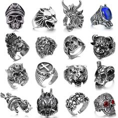 PRICES MAY VARY. 😎【PUNK RINGS SET】One order include 16pcs gothic punk ring, all the vintage punk rings in different styles, including chinese dragon ring, bull demon king ring, skull rings, wolf head ring, lion king ring, tiger ring, cross ring, goat ring, skeleton ring and so on shape. Multiple types of cool rings are provided to match your daily clothes or take to attend parties. Bonus points for your overall styling, you can become more charming in the crowd. 【QUALITY MENS RINGS】The retro ri Black Metal Skull Ring Symbolic Style, Symbolic Black Metal Skull Ring, Black Stainless Steel Rings For Halloween, Halloween Black Stainless Steel Ring, Gothic Stainless Steel Skull Ring, Black Stainless Steel Skull Ring For Halloween, Gothic Jewelry For Biker Events And Halloween, Punk Stainless Steel Rings For Halloween, Black Gothic Skull Ring For Biker Events