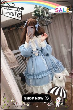 Japanese Gothic Lolita Dress Women Kawaii Bow Bear Lace Blue Dress Long Sleeve Princess Dress Female Cute Sweet Party Vestido Harajuku Mini Dress For Costume Party, Harajuku Style Ruffle Dresses For Costume, Harajuku Mini Dress With Ruffles, Spring Cosplay Dress With Doll Collar, Kawaii Ruffled Costume Dress, Kawaii Ruffle Costume Dress, Kawaii Dress With Doll Collar For Costume Party, Kawaii Ruffle Dress For Cosplay, Kawaii Ruffled Dress For Cosplay