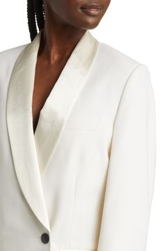 Silky satin with a rich sheen comprises the sophisticated shawl collar of a modern tuxedo-dress punctuated by a single inky button on the asymmetric placket. 34" length (size 4) Front button closure Shawl collar Front flap pockets Lined 50% virgin wool, 47% polyester, 3% spandex Dry clean Imported Tuxedo Women Chic, Modern Tuxedo, Tux Dress, White Tuxedo, Professional Photos, Tuxedo Dress, Rag And Bone, Long Sleeve Blazers, White Blazer