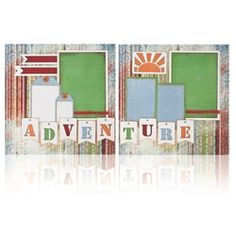 two frames with the words adventure and an image of a green board on top of it