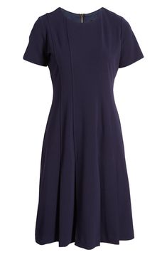 Desk days and drinks dates both work well with this soft crepe dress designed in everybody's favorite fit-and-flare silhouette. 38 1/2" length (size 8) Jewel neck Short sleeves Lined 96% polyester, 4% elastane Dry clean Imported Fitted A-line Crepe Midi Dress, Elegant Seamed Dresses For Workwear, Elegant Seamed Workwear Dresses, A-line Seamed Dress For Work, Seamed A-line Dress For Work, Elegant Seamed Dresses For Formal Events, Elegant Seamed Formal Dresses, Elegant Formal Seamed Dresses, Fitted A-line Midi Dress In Crepe